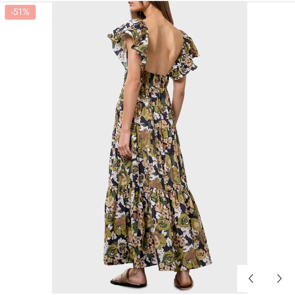 Moon River Flutter Sleeve Tiered Midi Dress Green Tan White Open Back M NWT - Picture 2 of 5
